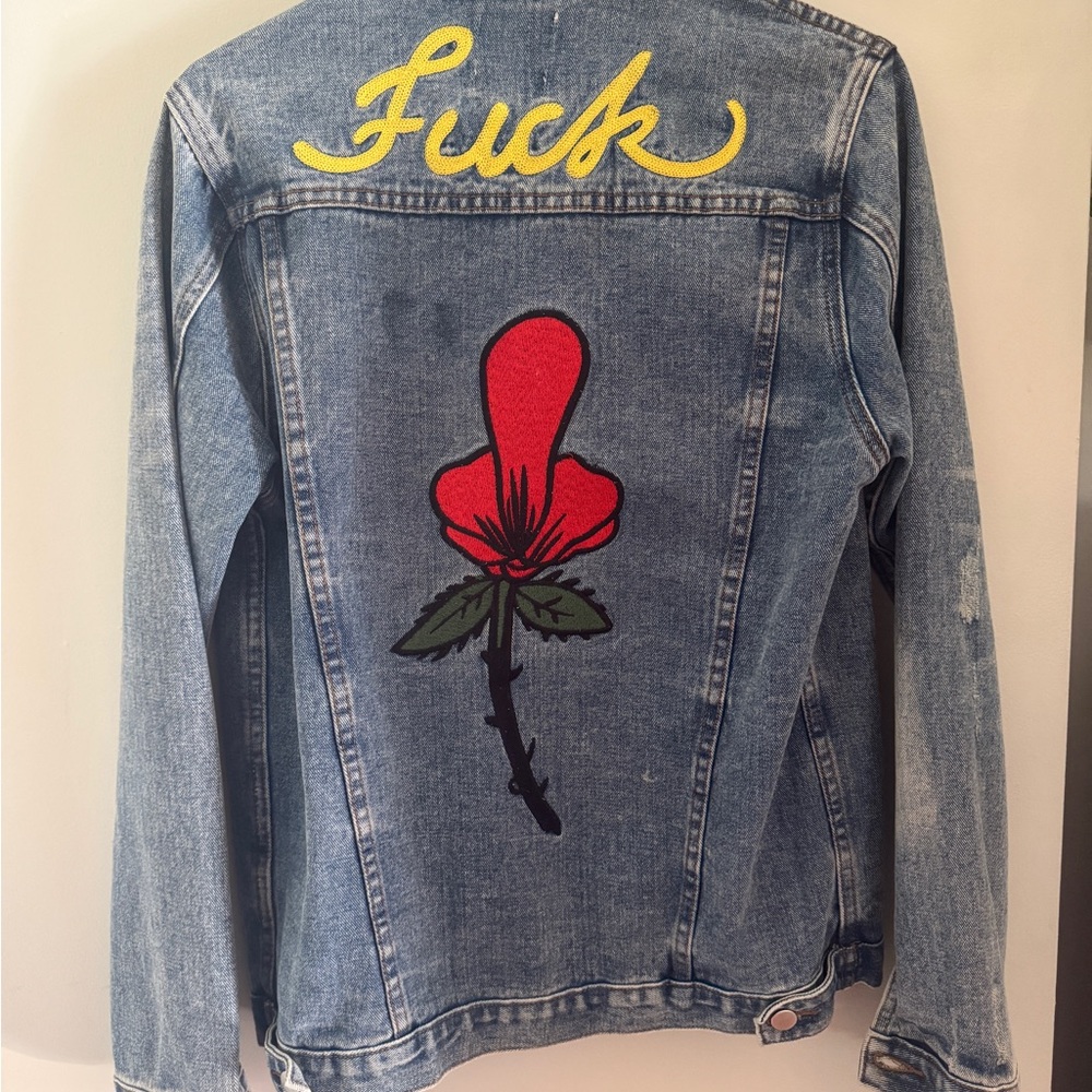 UNIF Middle Finger Flower Embroidered Denim Jacket NWOT